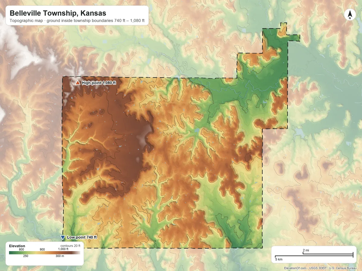 Topographic elevation map of Belleville Township, Kansas, shaded from 740 ft on the southwest side to 1,080 ft on the northwest side