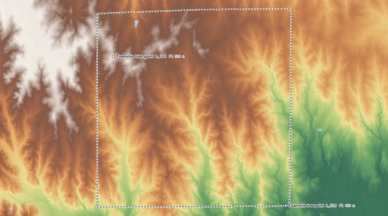 Topographic elevation map of Belmont Township, Kingman County, Kansas, shaded from 1,510 ft on the southeast side to 1,700 ft on the northwest side
