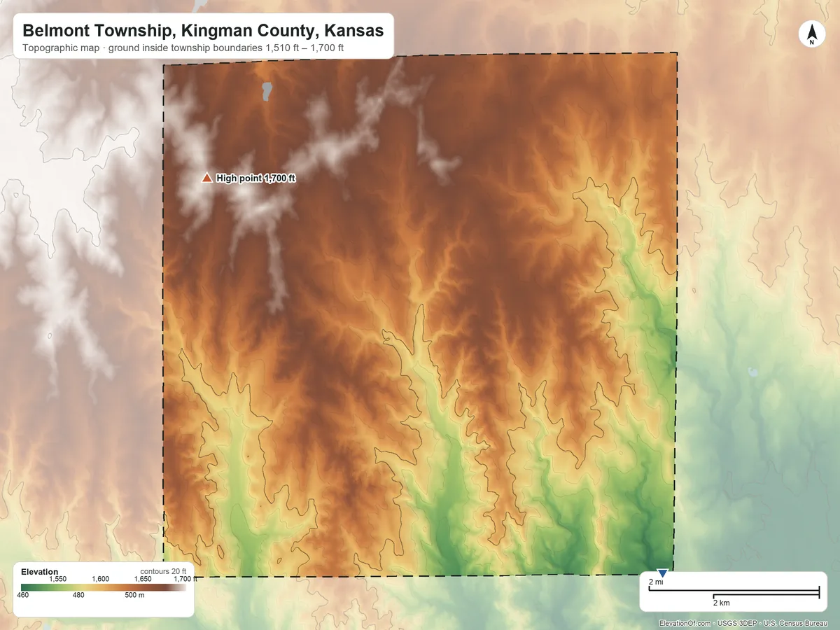 Topographic elevation map of Belmont Township, Kingman County, Kansas, shaded from 1,510 ft on the southeast side to 1,700 ft on the northwest side