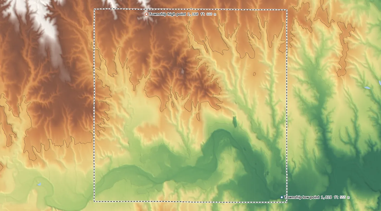 Topographic elevation map of Belmont Township, Kansas, shaded from 1,820 ft on the southeast side to 2,160 ft on the northwest side