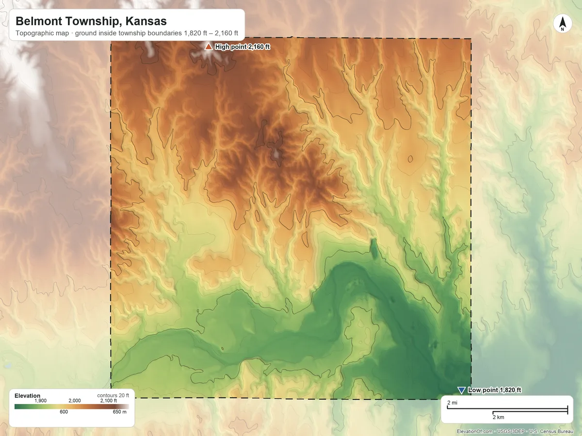 Topographic elevation map of Belmont Township, Kansas, shaded from 1,820 ft on the southeast side to 2,160 ft on the northwest side