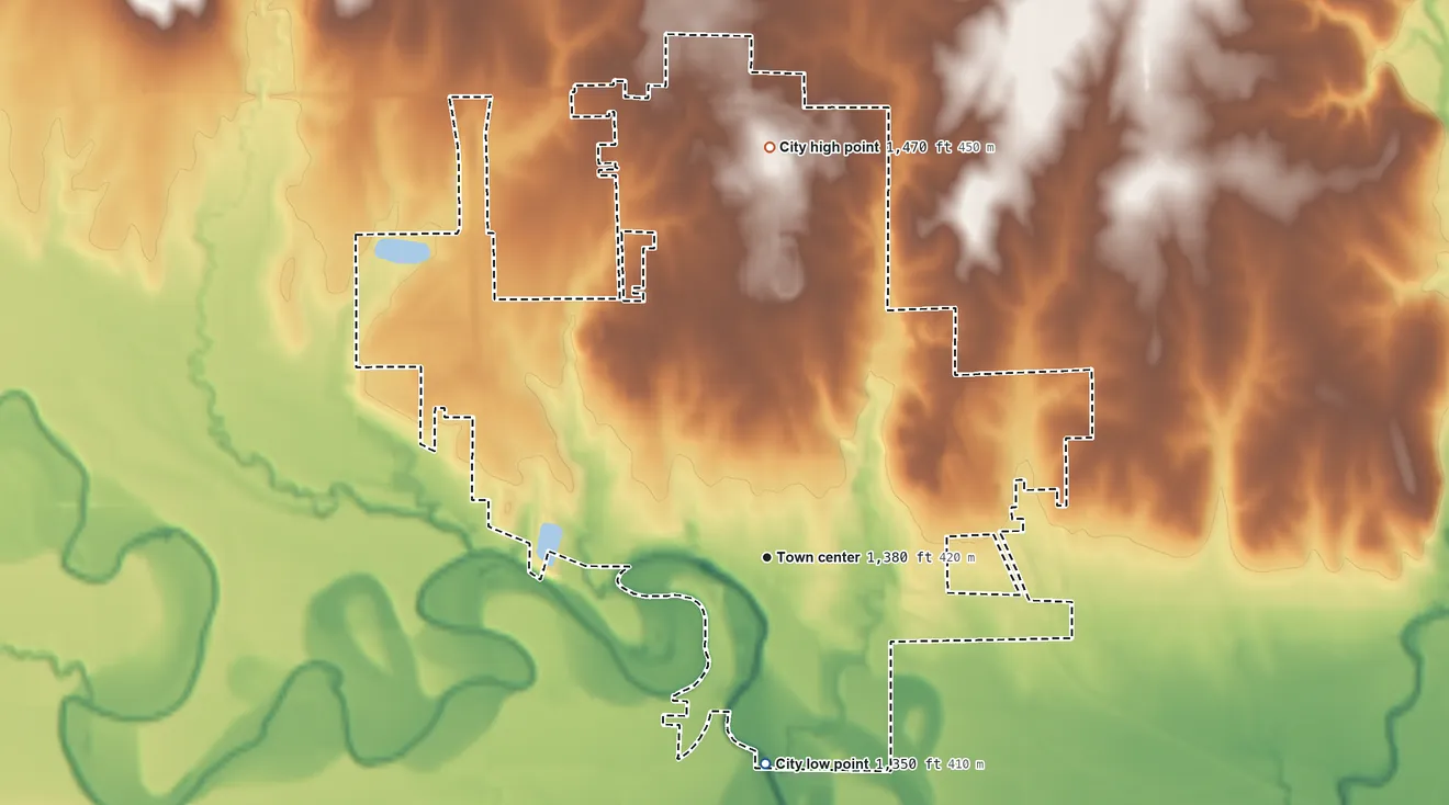 Topographic elevation map of Beloit, Kansas, shaded from 1,350 ft on the south side to 1,470 ft on the north side