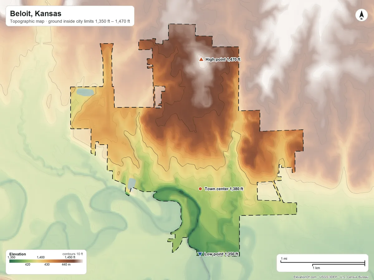 Topographic elevation map of Beloit, Kansas, shaded from 1,350 ft on the south side to 1,470 ft on the north side