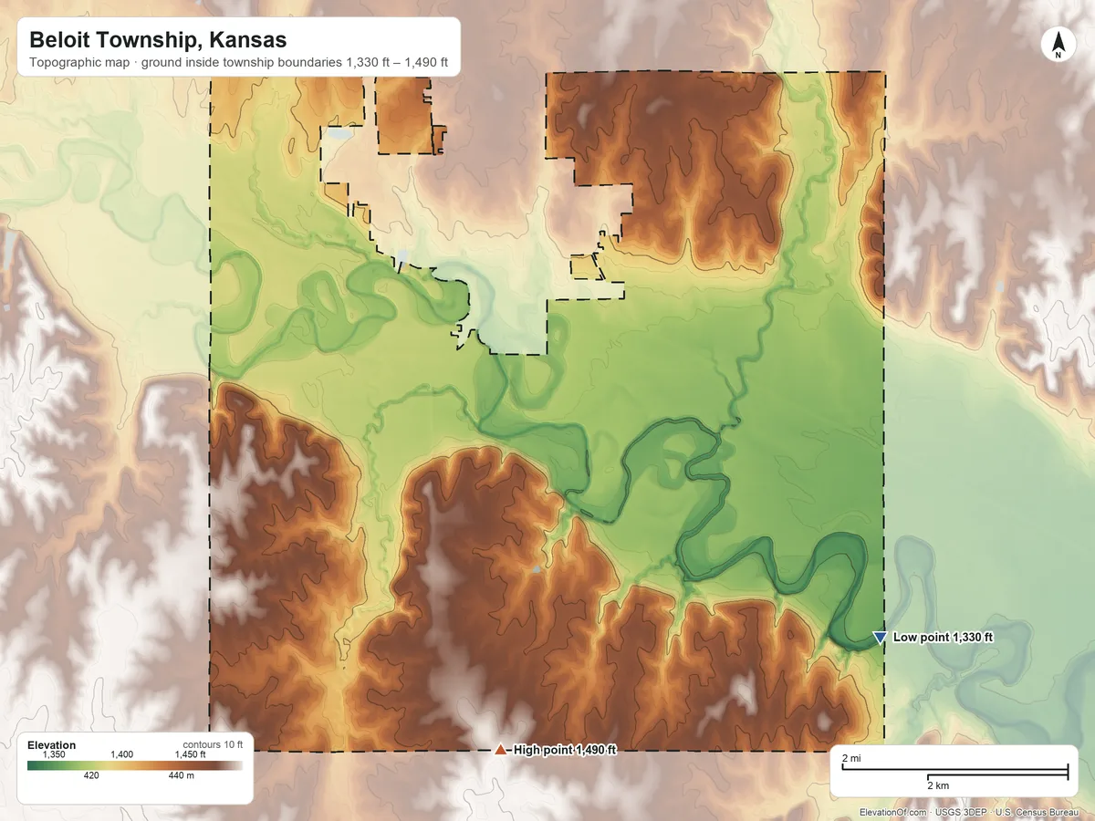 Topographic elevation map of Beloit Township, Kansas, shaded from 1,330 ft on the southeast side to 1,490 ft on the south side