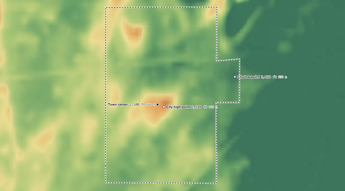 Topographic elevation map of Belpre, Kansas, shaded from 2,080 ft on the east side to 2,100 ft near the middle