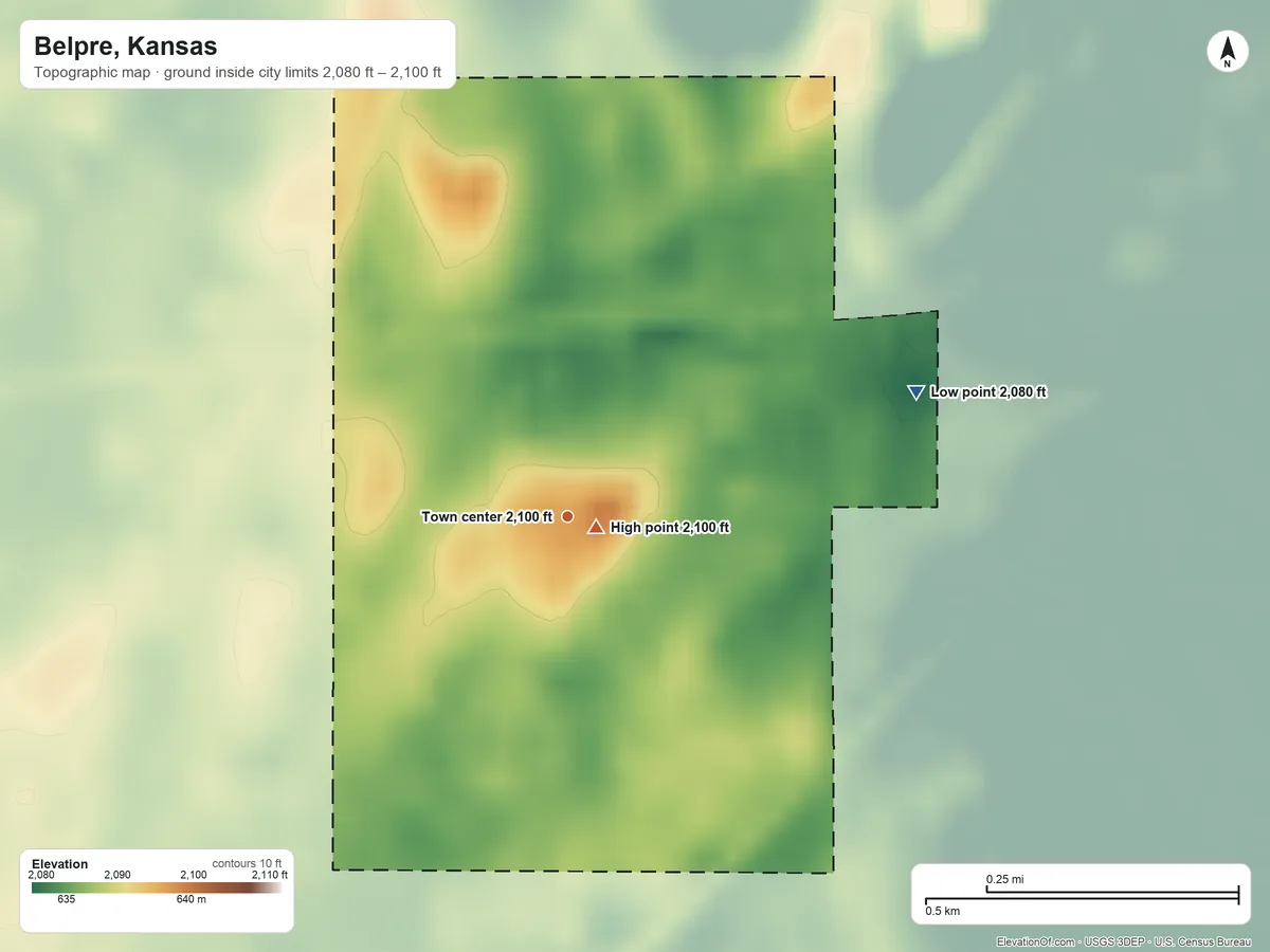 Topographic elevation map of Belpre, Kansas, shaded from 2,080 ft on the east side to 2,100 ft near the middle