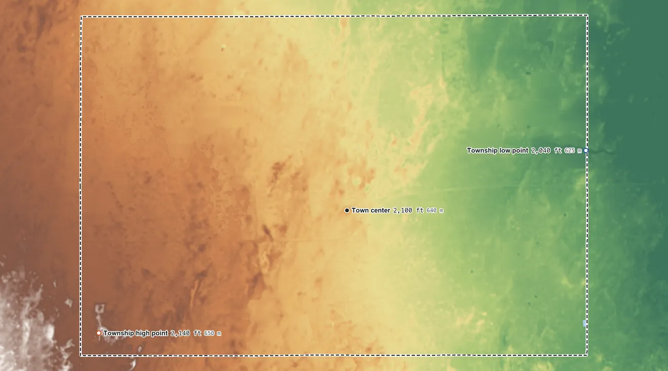 Topographic elevation map of Belpre Township, Kansas, shaded from 2,040 ft on the east side to 2,140 ft on the southwest side