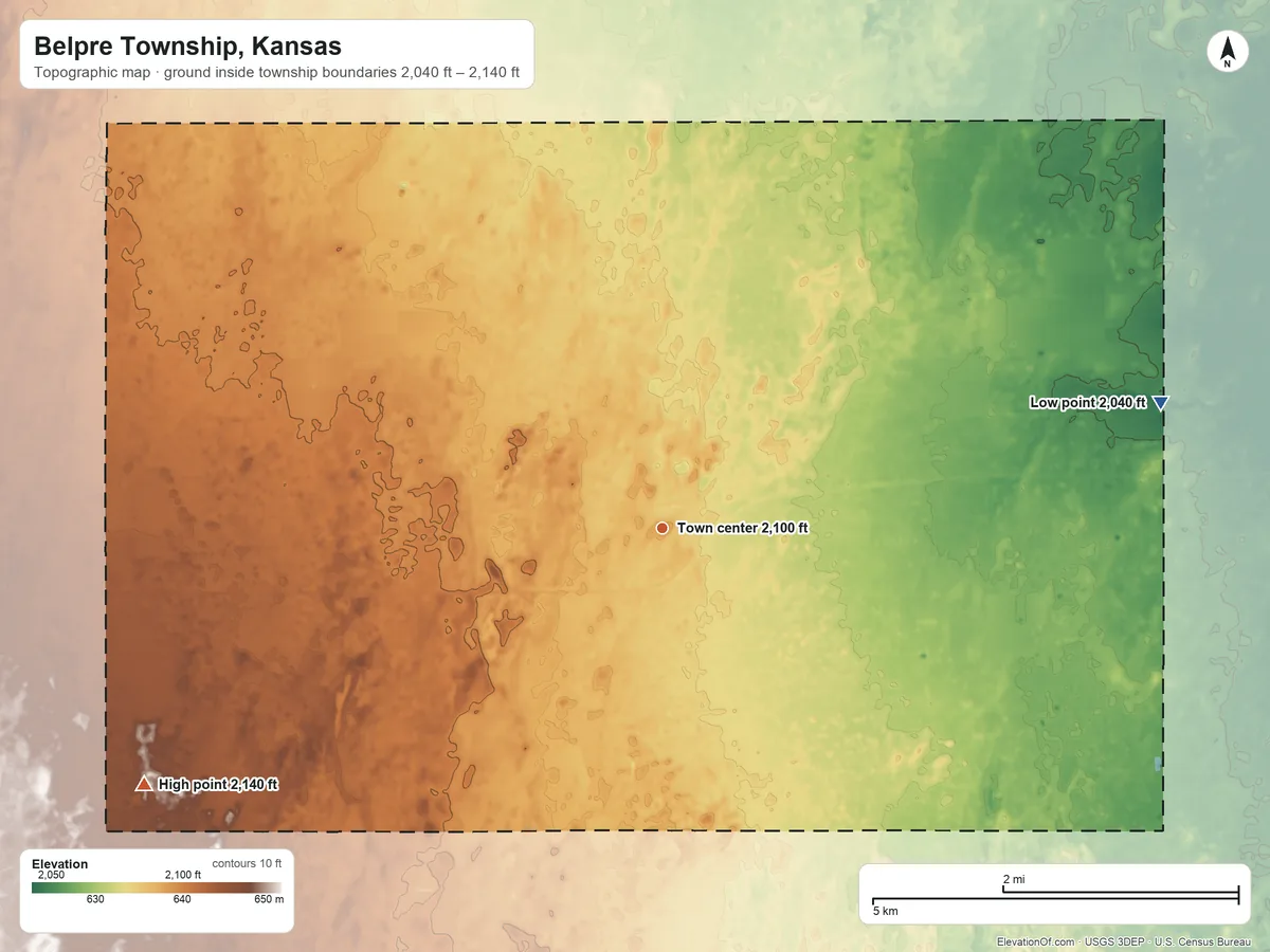 Topographic elevation map of Belpre Township, Kansas, shaded from 2,040 ft on the east side to 2,140 ft on the southwest side