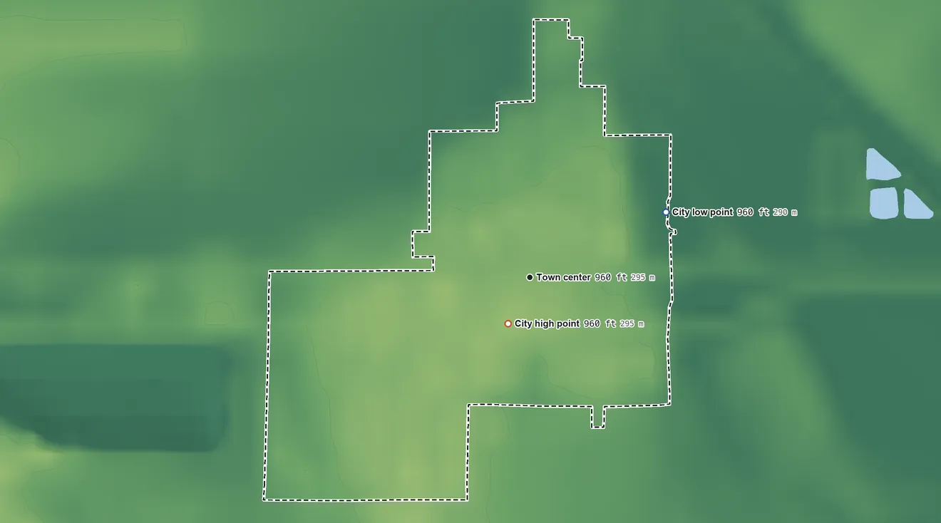 Topographic elevation map of Belvue, Kansas, shaded from 960 ft on the northeast side to 960 ft near the middle