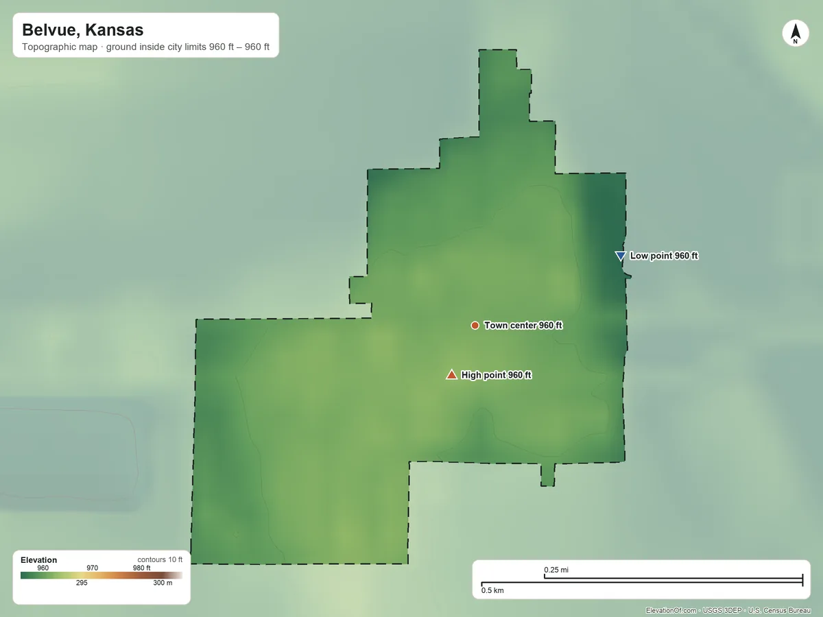 Topographic elevation map of Belvue, Kansas, shaded from 960 ft on the northeast side to 960 ft near the middle