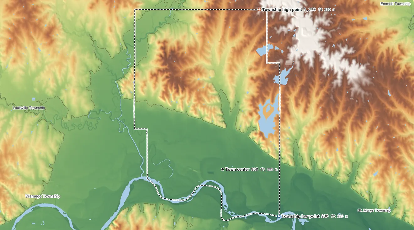 Topographic elevation map of Belvue Township, Kansas, shaded from 930 ft on the southeast side to 1,270 ft on the north side