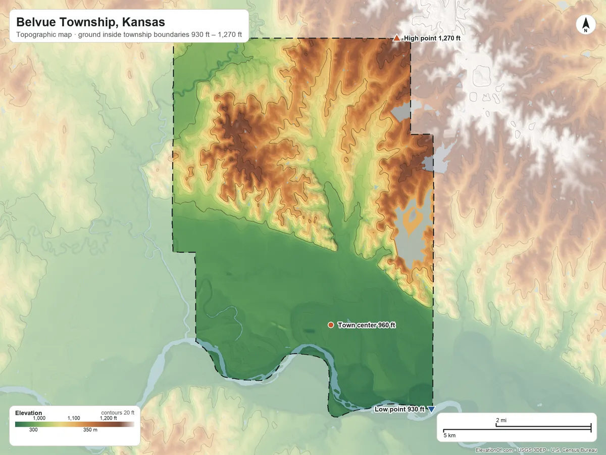 Topographic elevation map of Belvue Township, Kansas, shaded from 930 ft on the southeast side to 1,270 ft on the north side