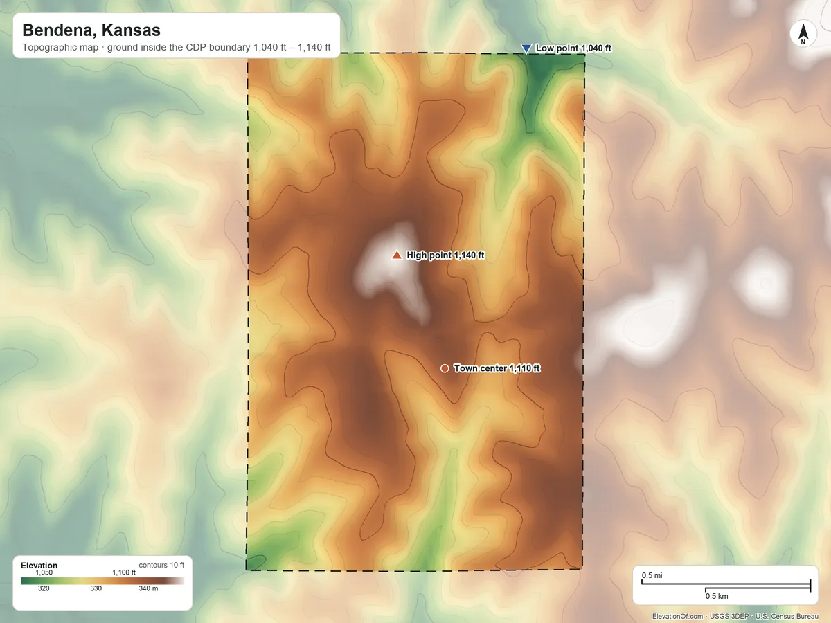 Topographic elevation map of Bendena, Kansas, shaded from 1,040 ft on the north side to 1,140 ft on the northwest side