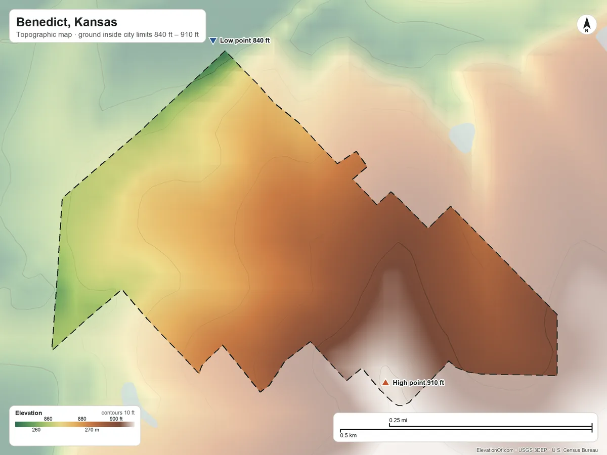 Topographic elevation map of Benedict, Kansas, shaded from 840 ft on the north side to 910 ft on the southeast side