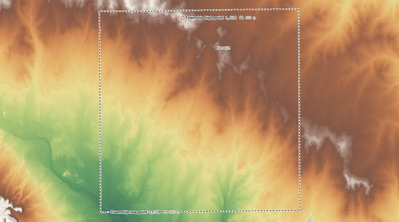 Topographic elevation map of Bennett Township, Kansas, shaded from 1,320 ft on the southwest side to 1,520 ft on the northwest side