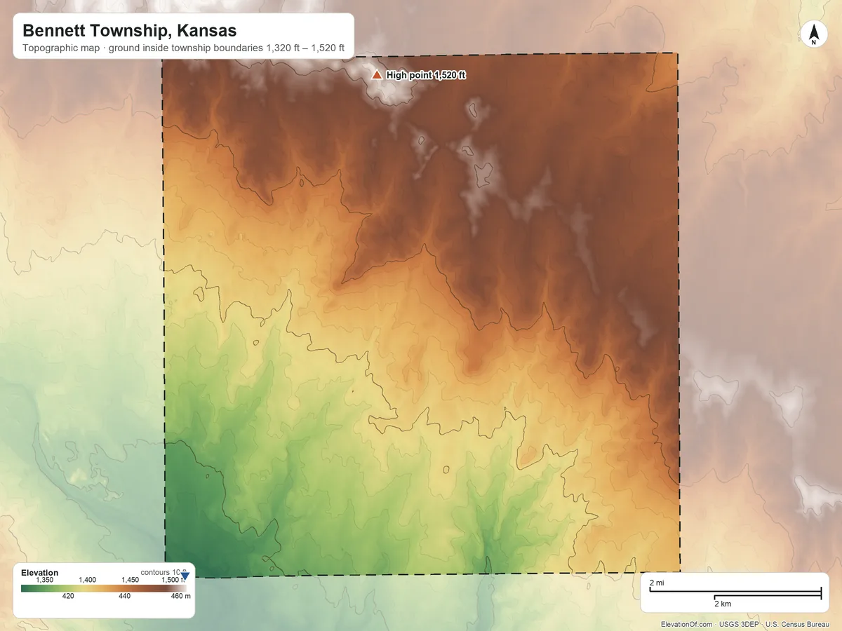 Topographic elevation map of Bennett Township, Kansas, shaded from 1,320 ft on the southwest side to 1,520 ft on the northwest side
