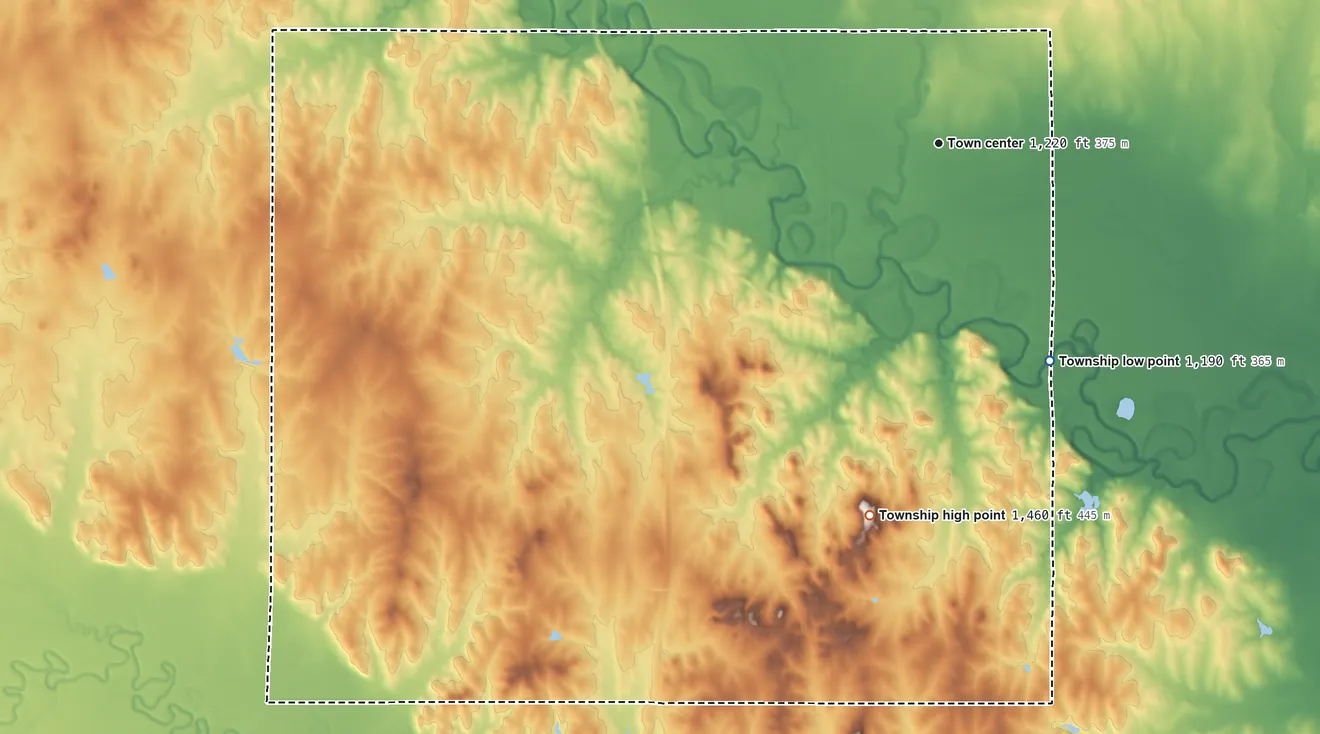 Topographic elevation map of Bennington Township, Kansas, shaded from 1,190 ft on the southeast side to 1,460 ft on the south side