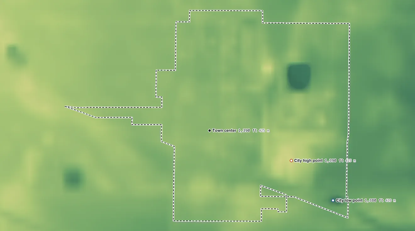Topographic elevation map of Bentley, Kansas, shaded from 1,380 ft on the southeast side to 1,390 ft on the east side
