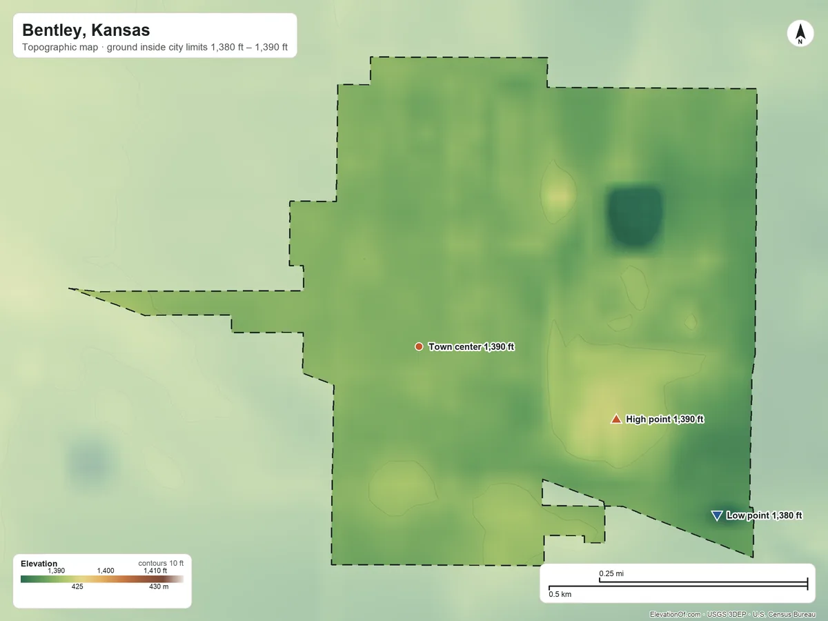 Topographic elevation map of Bentley, Kansas, shaded from 1,380 ft on the southeast side to 1,390 ft on the east side