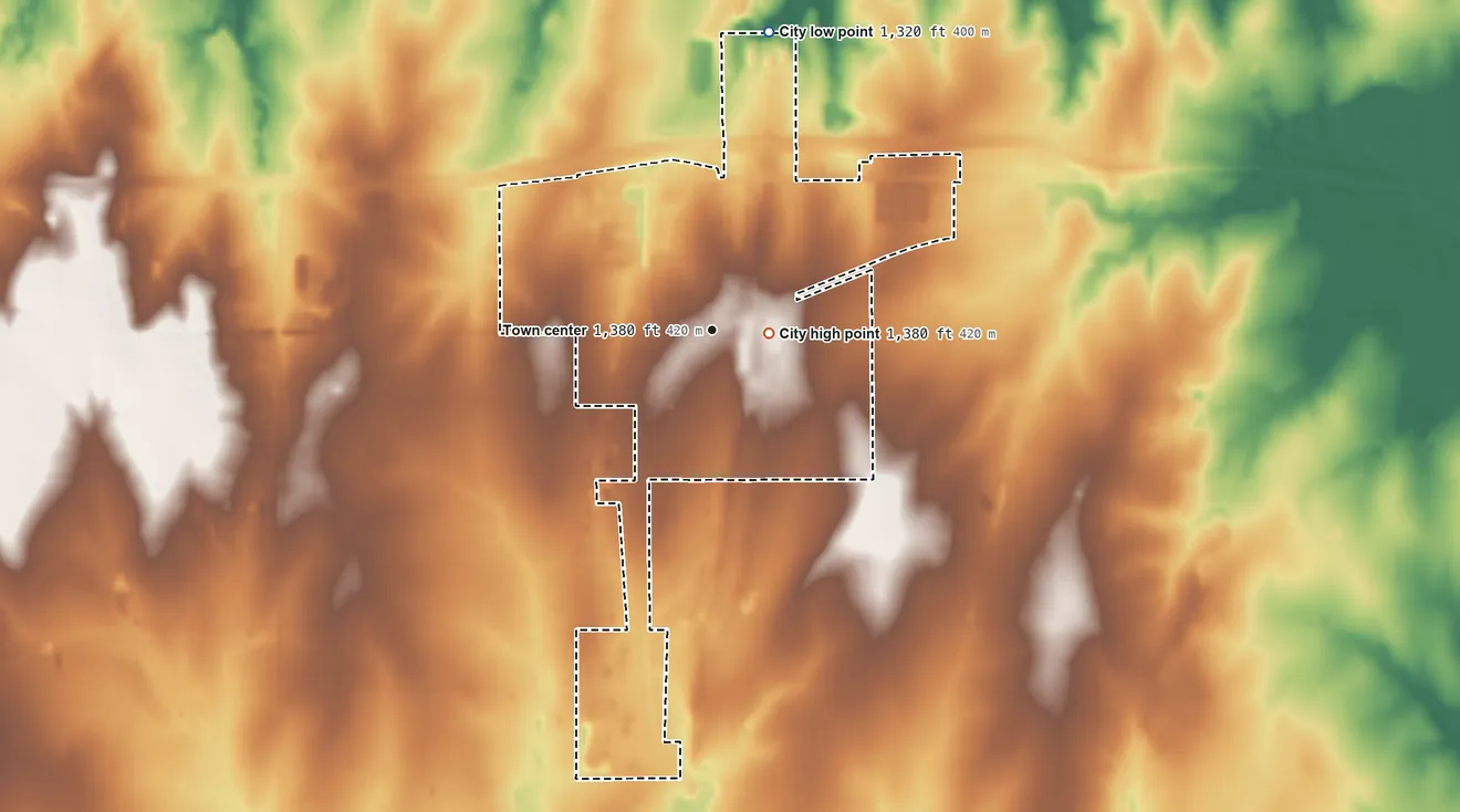 Topographic elevation map of Benton, Kansas, shaded from 1,320 ft on the north side to 1,380 ft near the middle