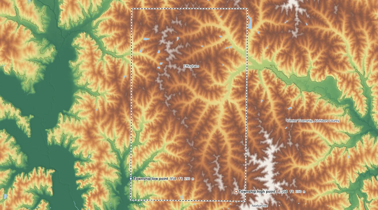 Topographic elevation map of Benton Township, Atchison County, Kansas, shaded from 950 ft on the southwest side to 1,160 ft on the south side