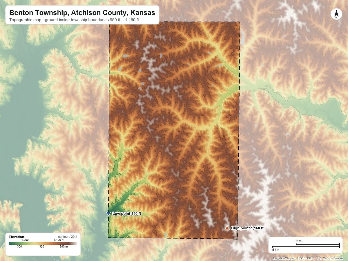 Topographic elevation map of Benton Township, Atchison County, Kansas, shaded from 950 ft on the southwest side to 1,160 ft on the south side