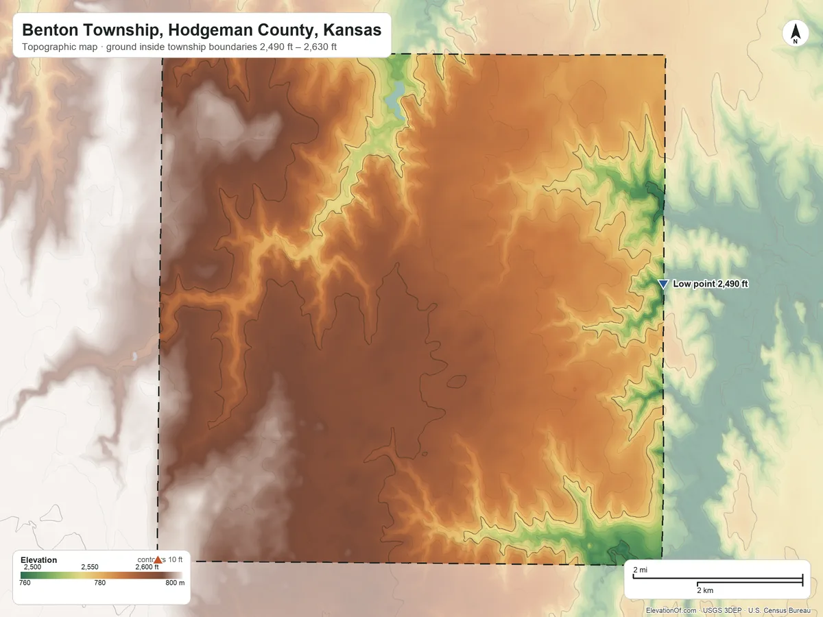Topographic elevation map of Benton Township, Hodgeman County, Kansas, shaded from 2,490 ft on the east side to 2,630 ft on the southwest side