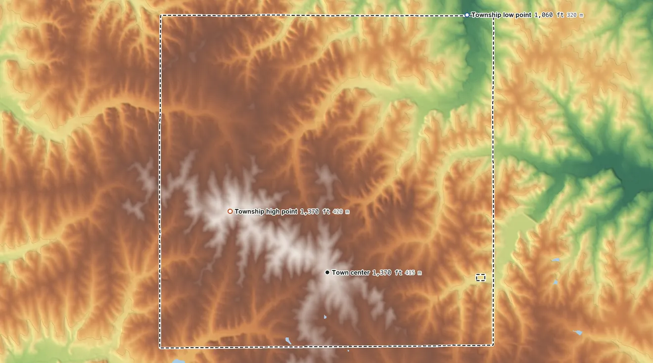 Topographic elevation map of Berwick Township, Kansas, shaded from 1,060 ft on the northeast side to 1,370 ft on the northwest side
