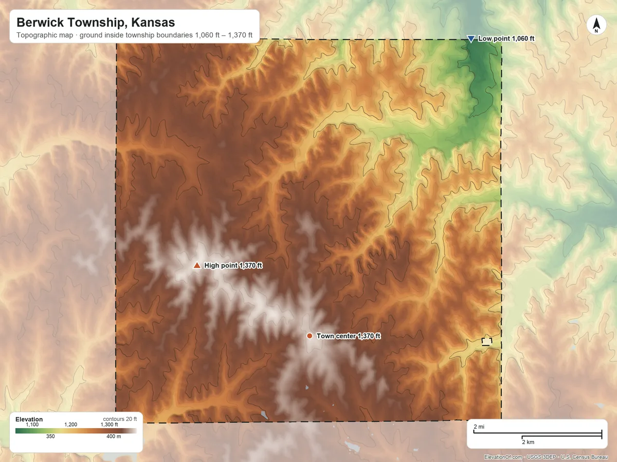 Topographic elevation map of Berwick Township, Kansas, shaded from 1,060 ft on the northeast side to 1,370 ft on the northwest side