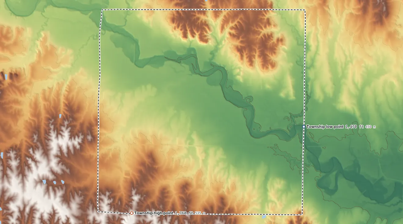 Topographic elevation map of Bethany Township, Kansas, shaded from 1,470 ft on the southeast side to 1,760 ft on the south side