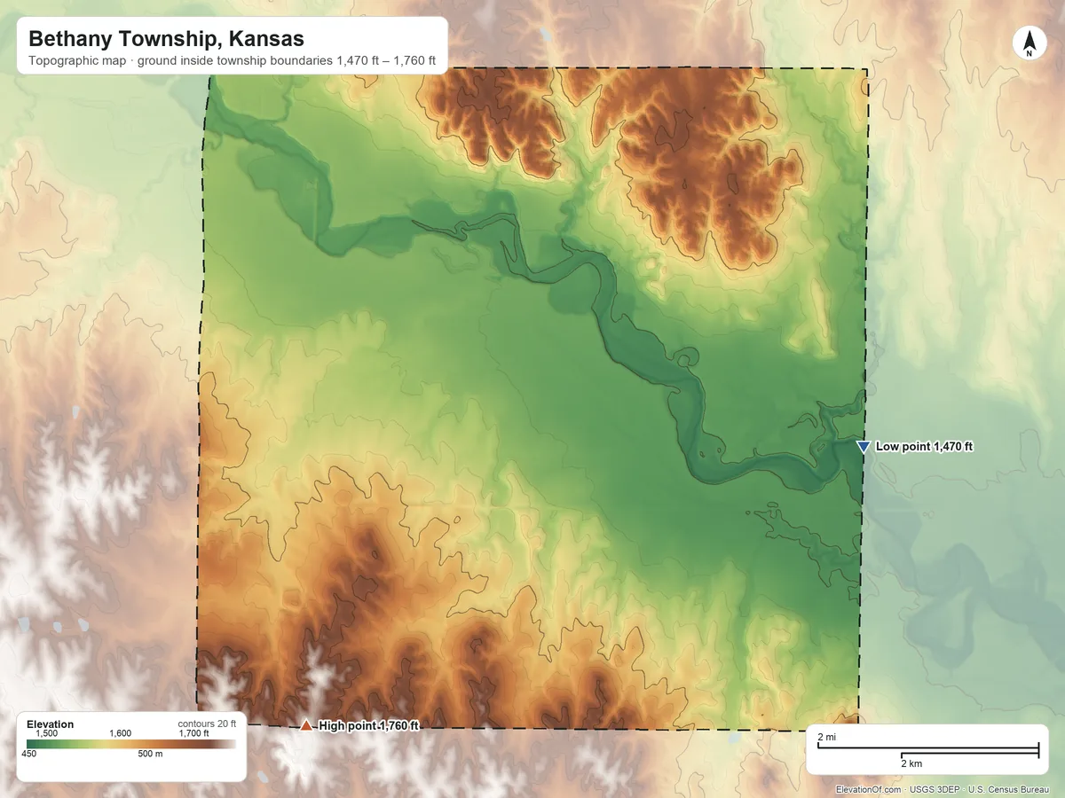 Topographic elevation map of Bethany Township, Kansas, shaded from 1,470 ft on the southeast side to 1,760 ft on the south side
