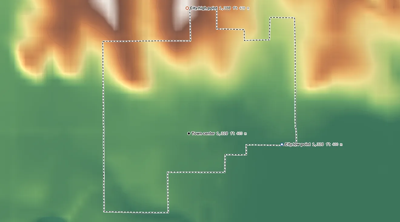 Topographic elevation map of Beverly, Kansas, shaded from 1,320 ft on the east side to 1,380 ft on the north side
