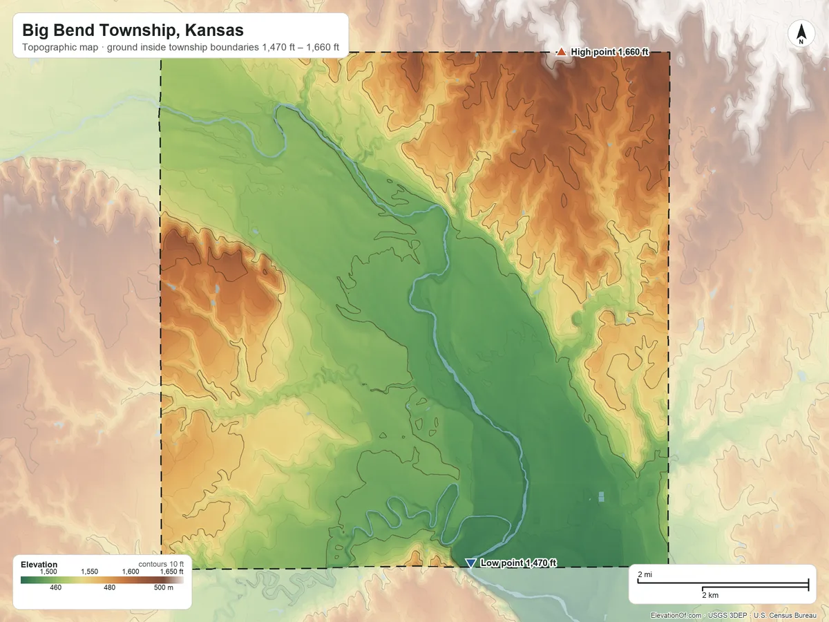 Topographic elevation map of Big Bend Township, Kansas, shaded from 1,470 ft on the southwest side to 1,660 ft on the north side