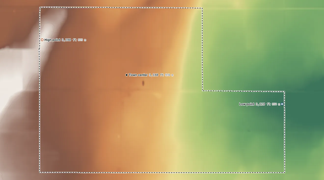 Topographic elevation map of Big Bow, Kansas, shaded from 3,120 ft on the east side to 3,200 ft on the northwest side