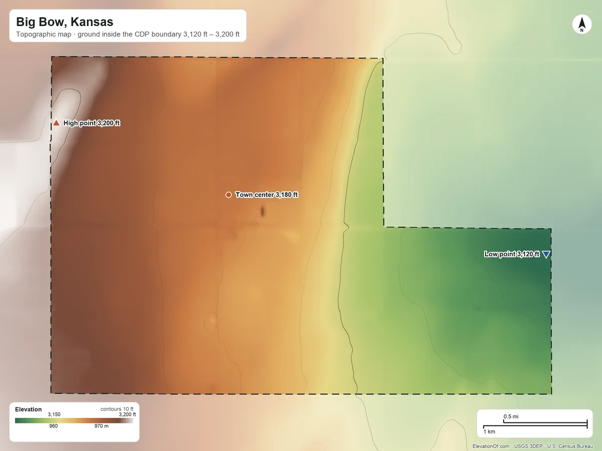 Topographic elevation map of Big Bow, Kansas, shaded from 3,120 ft on the east side to 3,200 ft on the northwest side