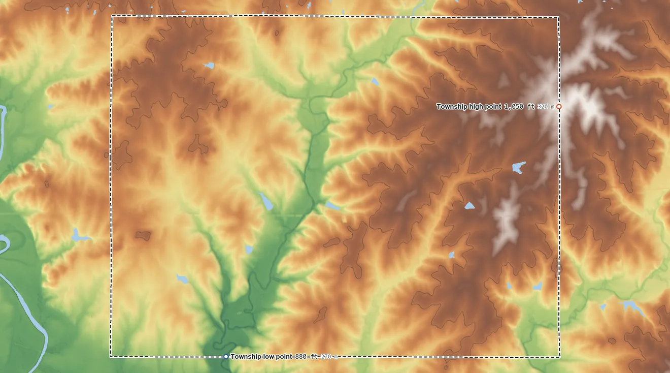 Topographic elevation map of Big Creek Township, Neosho County, Kansas, shaded from 880 ft on the southwest side to 1,050 ft on the east side