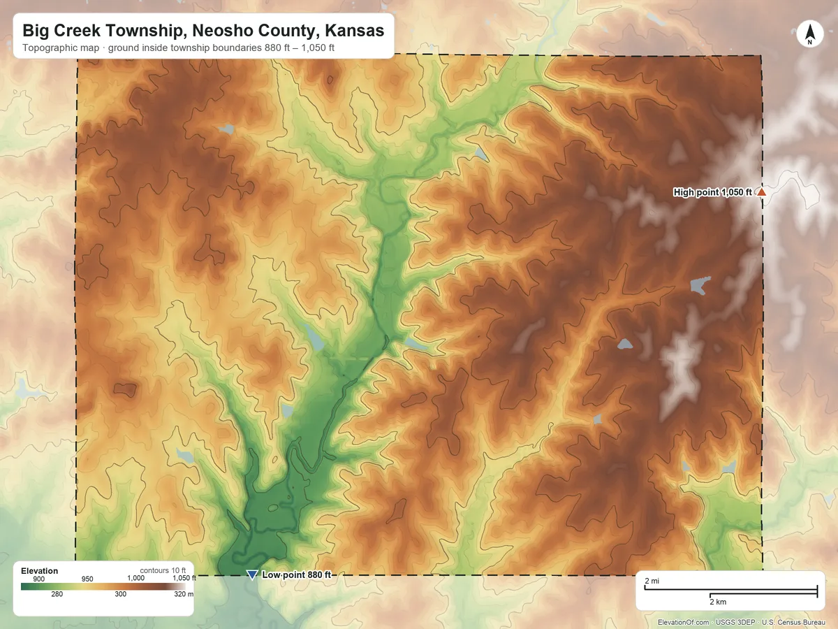 Topographic elevation map of Big Creek Township, Neosho County, Kansas, shaded from 880 ft on the southwest side to 1,050 ft on the east side