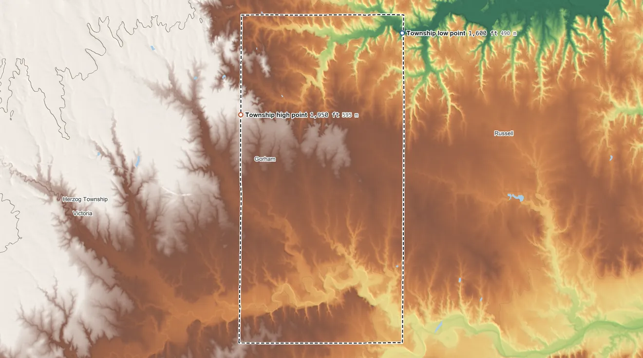 Topographic elevation map of Big Creek Township, Russell County, Kansas, shaded from 1,600 ft on the northeast side to 1,950 ft on the northwest side