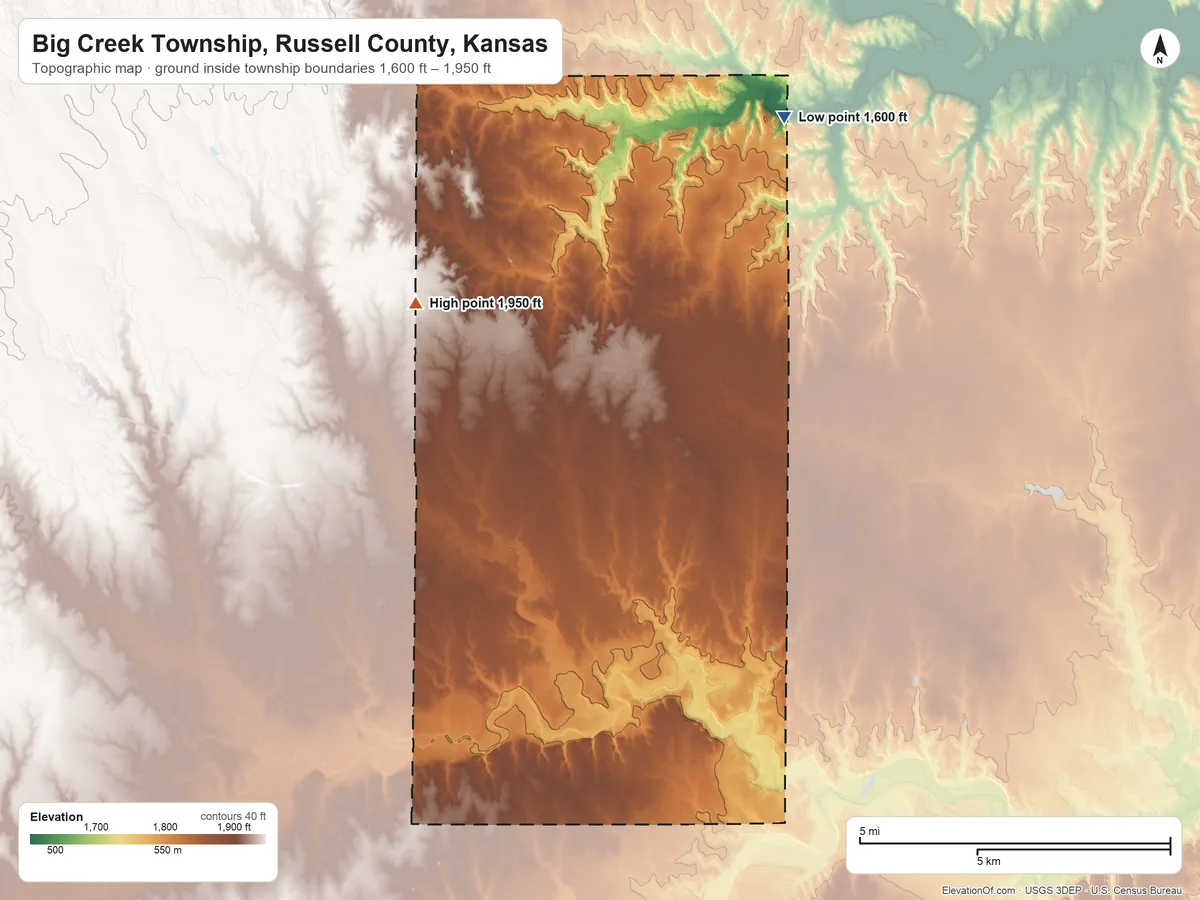 Topographic elevation map of Big Creek Township, Russell County, Kansas, shaded from 1,600 ft on the northeast side to 1,950 ft on the northwest side