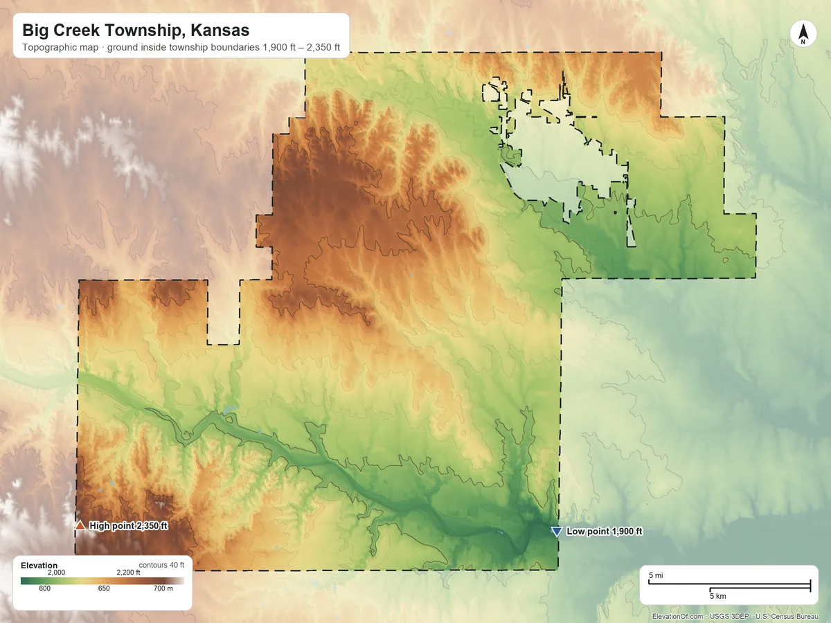 Topographic elevation map of Big Creek Township, Kansas, shaded from 1,900 ft on the south side to 2,350 ft on the southwest side