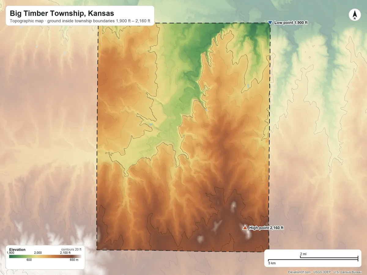Topographic elevation map of Big Timber Township, Kansas, shaded from 1,900 ft on the northeast side to 2,160 ft on the southeast side