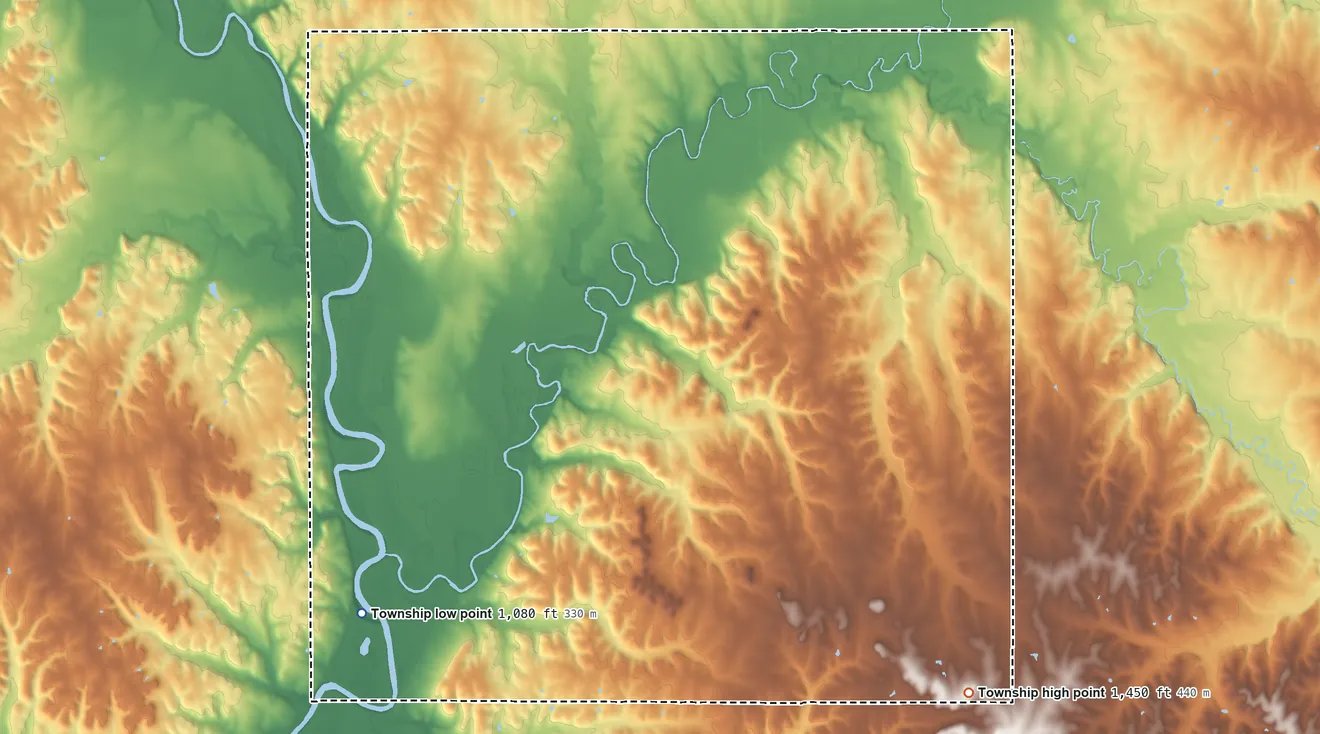 Topographic elevation map of Bigelow Township, Kansas, shaded from 1,080 ft on the southwest side to 1,450 ft on the southeast side