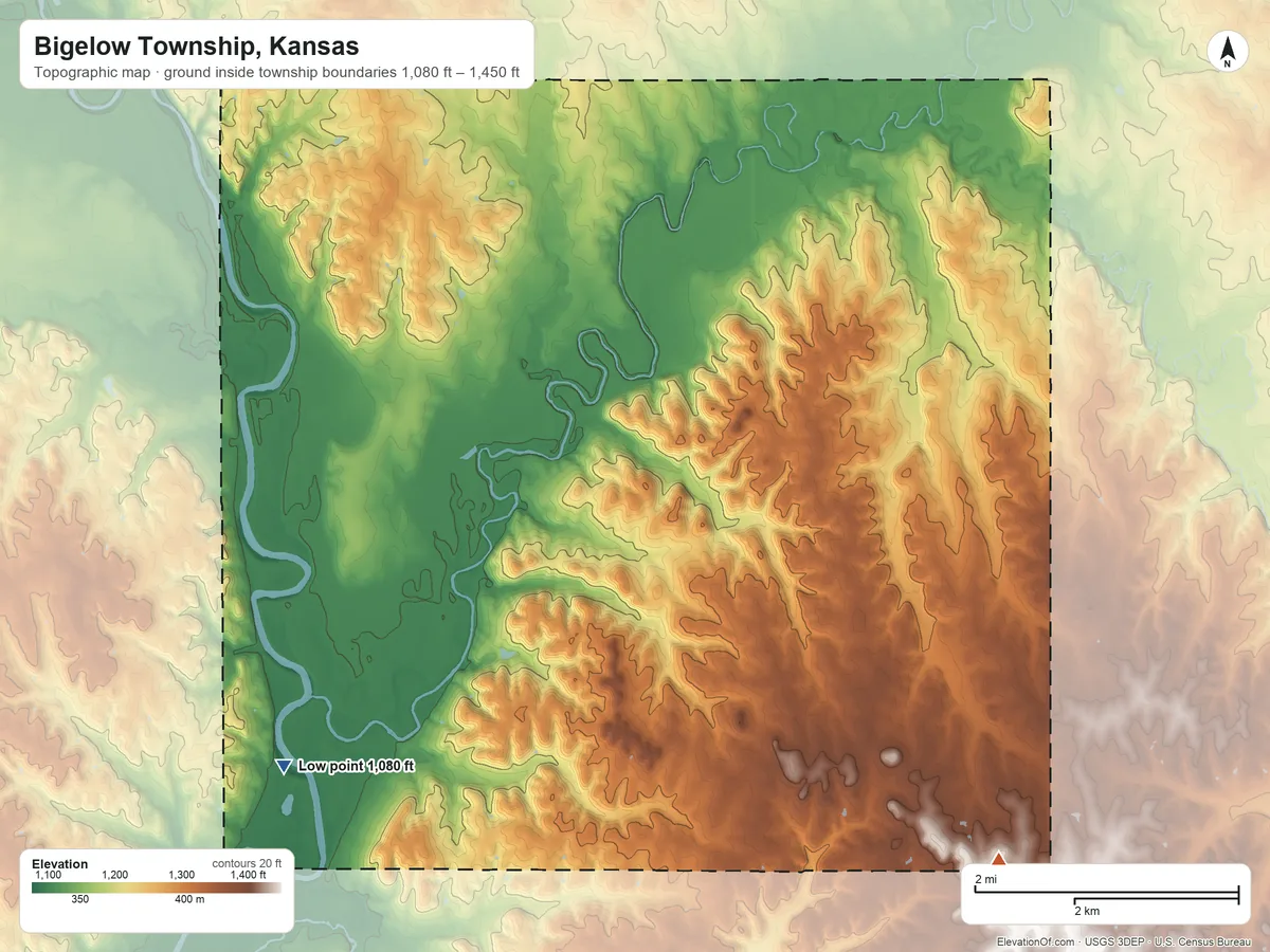 Topographic elevation map of Bigelow Township, Kansas, shaded from 1,080 ft on the southwest side to 1,450 ft on the southeast side