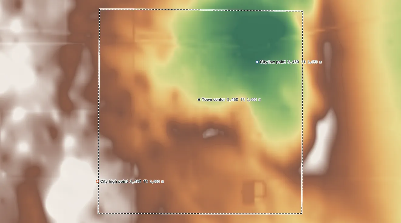 Topographic elevation map of Bird City, Kansas, shaded from 3,450 ft on the northeast side to 3,490 ft on the southwest side