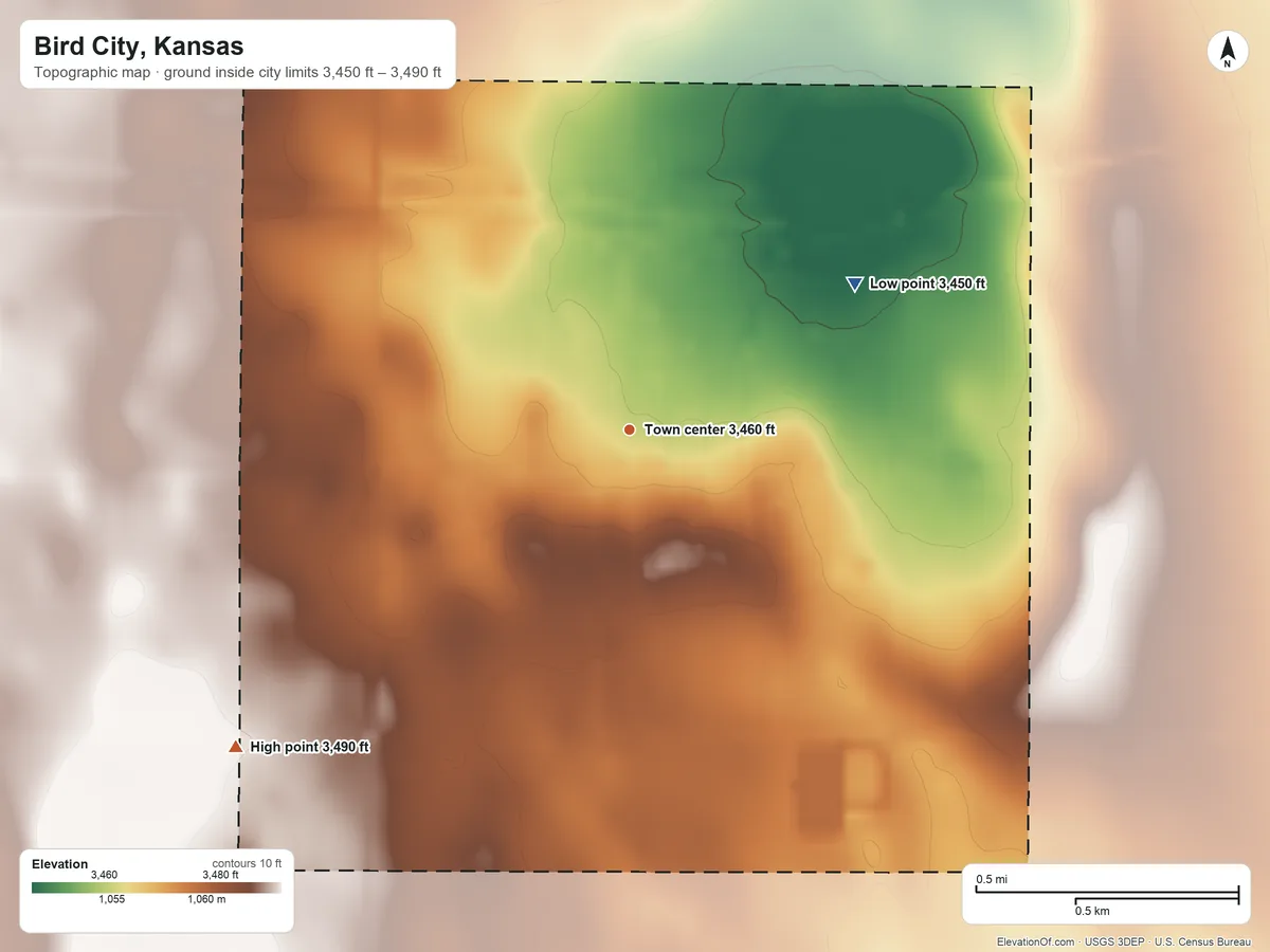 Topographic elevation map of Bird City, Kansas, shaded from 3,450 ft on the northeast side to 3,490 ft on the southwest side