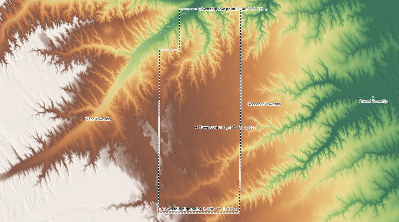 Topographic elevation map of Bird City Township, Kansas, shaded from 3,000 ft on the north side to 3,580 ft on the southwest side