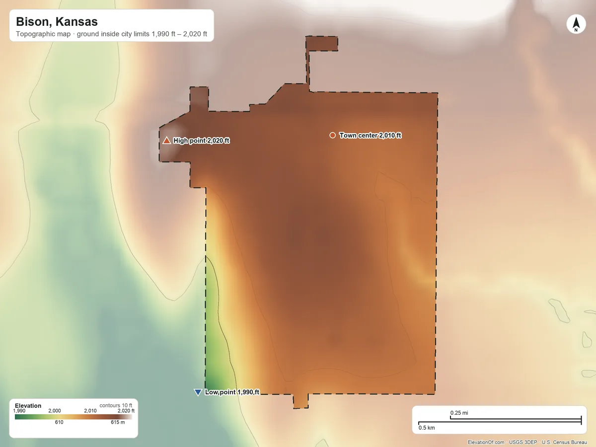 Topographic elevation map of Bison, Kansas, shaded from 1,990 ft on the southwest side to 2,020 ft on the west side