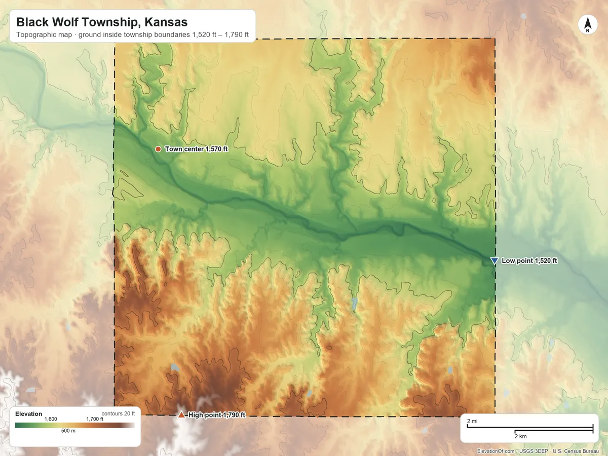 Topographic elevation map of Black Wolf Township, Kansas, shaded from 1,520 ft on the east side to 1,790 ft on the south side