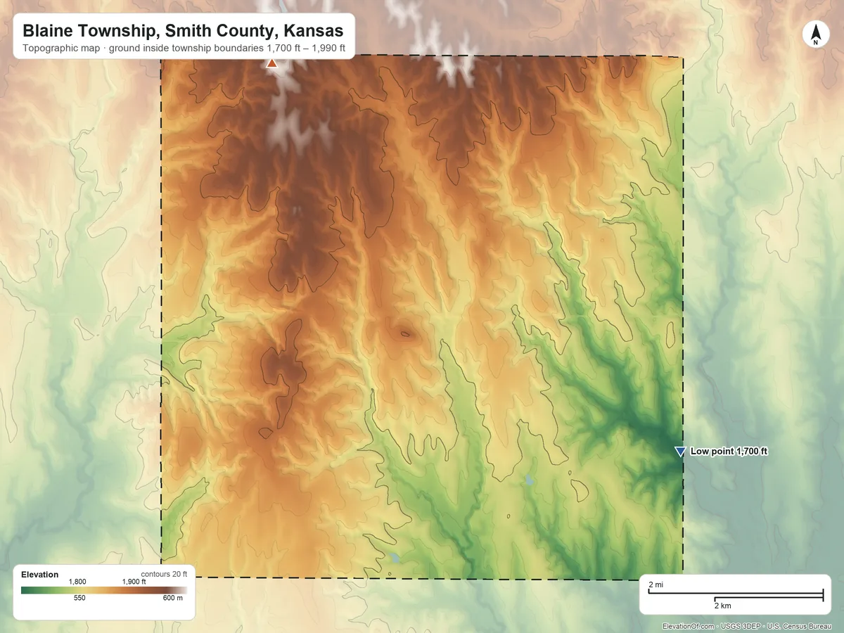 Topographic elevation map of Blaine Township, Smith County, Kansas, shaded from 1,700 ft on the southeast side to 1,990 ft on the northwest side
