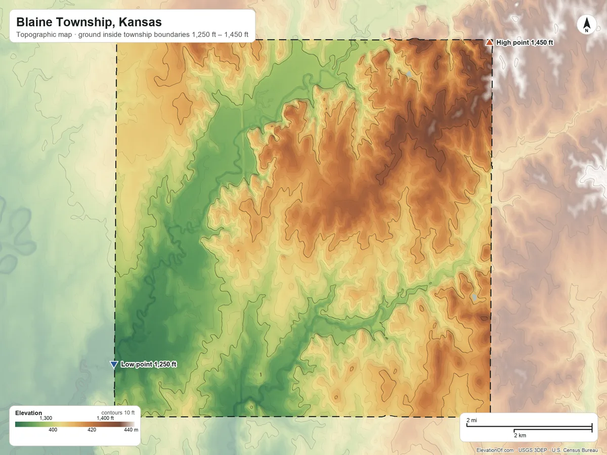 Topographic elevation map of Blaine Township, Kansas, shaded from 1,250 ft on the southwest side to 1,450 ft on the northeast side